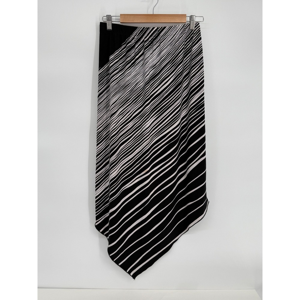 Chicos Black White Diagonal Stripe Asymmetrical Midi Skirt Sz 0 US S Stretch